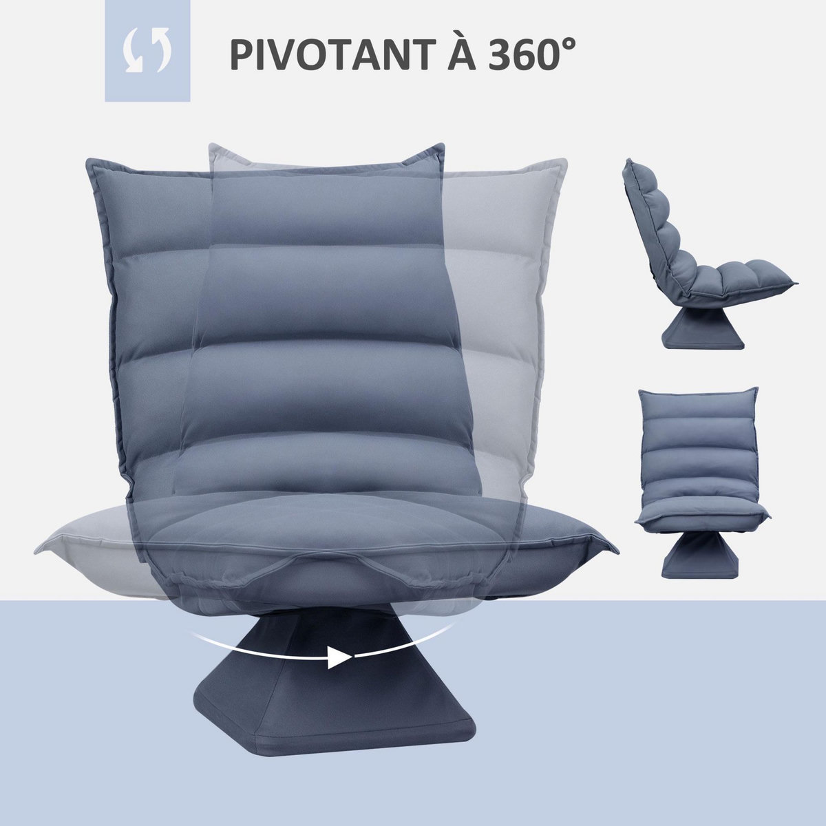 HOMCOM Fauteuil relax grand confort pivotant inclinaison réglable 5 niv. épais garnissage mousse haute densité tissu velours microfibre gris