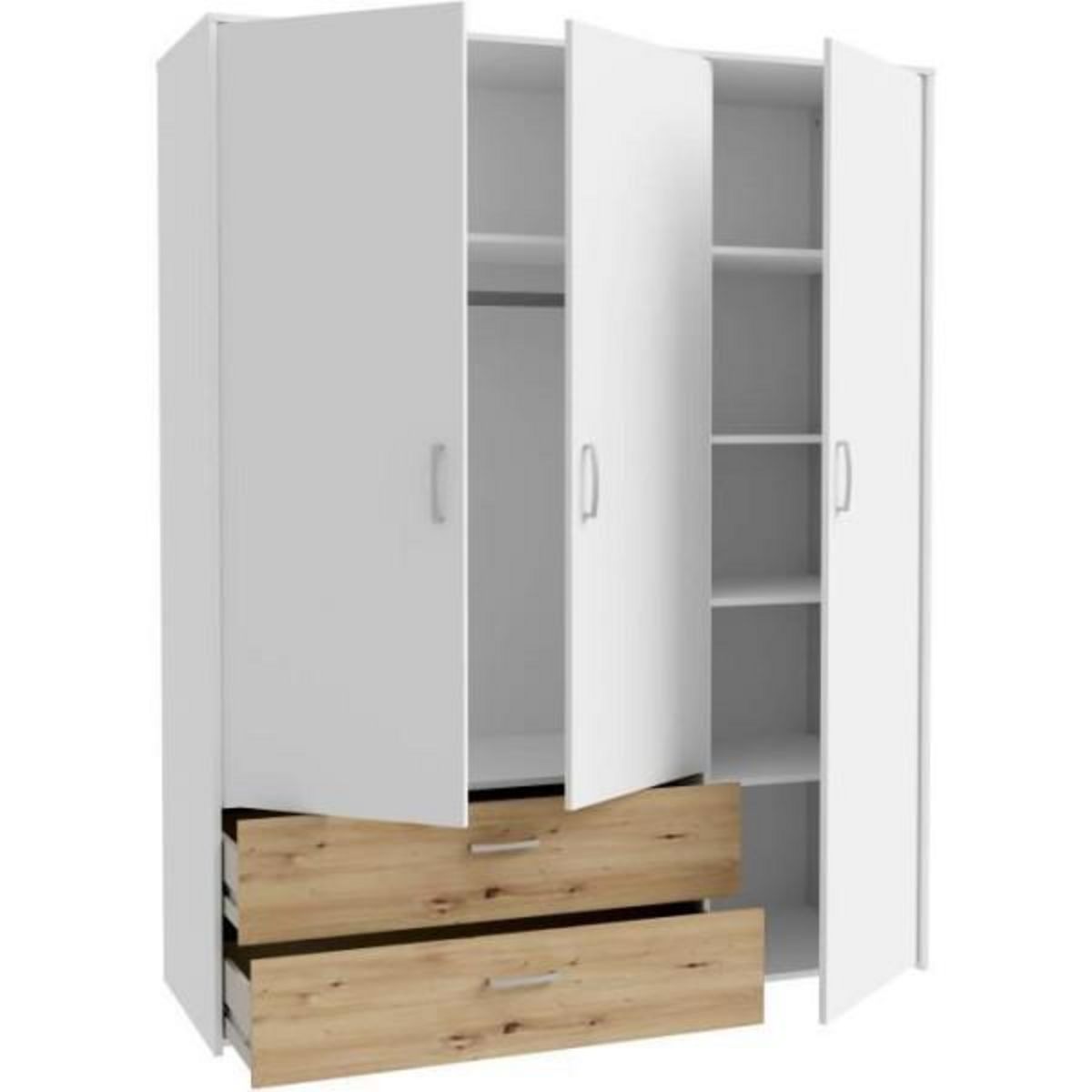 MARKET24 Armoire de chambre - Blanc mat / Chene artisan - 3 portes et 2 tiroirs - 152,8 x 52,7 x 190,8 cm