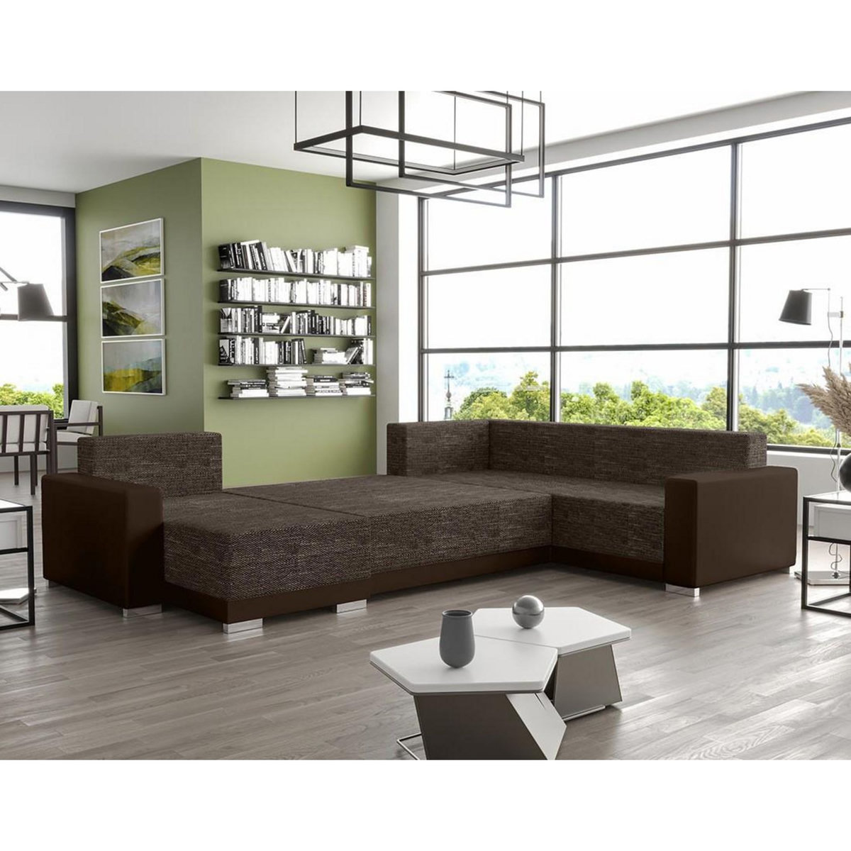 BEST MOBILIER Roger - canapé panoramique d'angle réversible 7 places convertible avec coffre en tissu