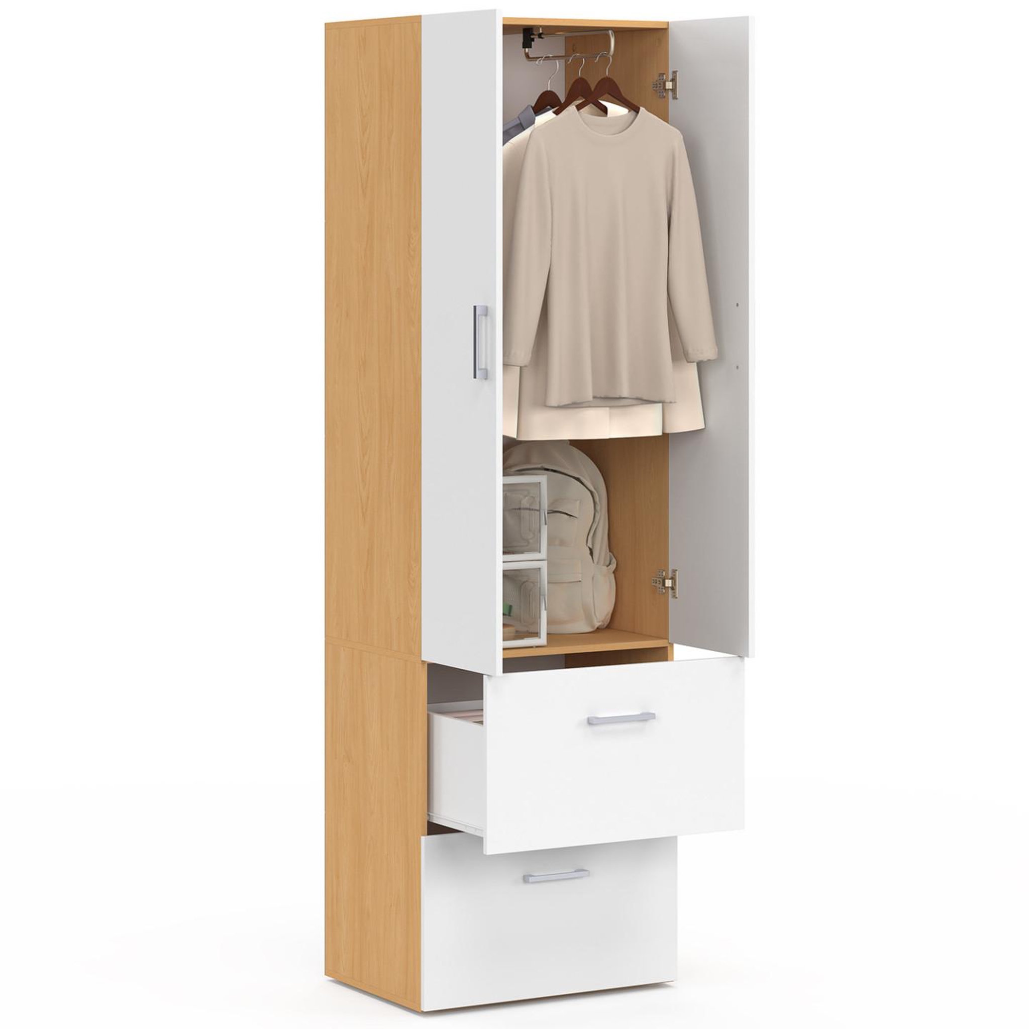 Voir la diapositive 3 : ID MARKET Armoire 2 portes juliana blanc et bois penderie 50 cm avec 2 tiroirs