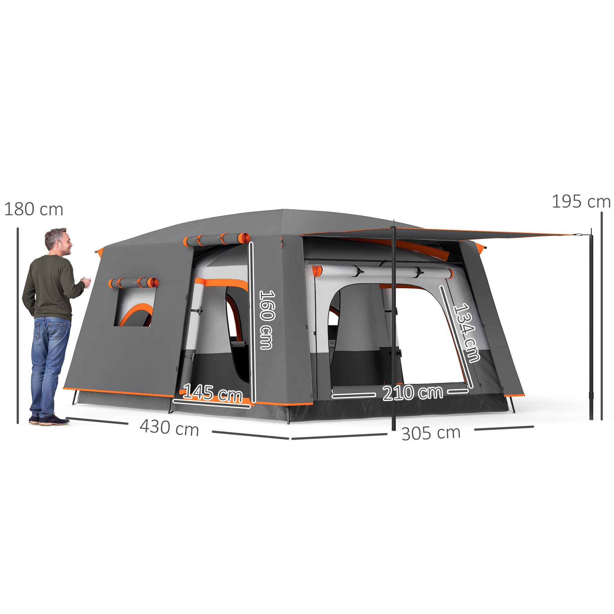 Voir la diapositive 3 : OUTSUNNY Tente de camping familiale 4-5 personnes - portes, fenêtres, sac de transport inclus - dim. 4,3 x 3 x 1,95 m - gris