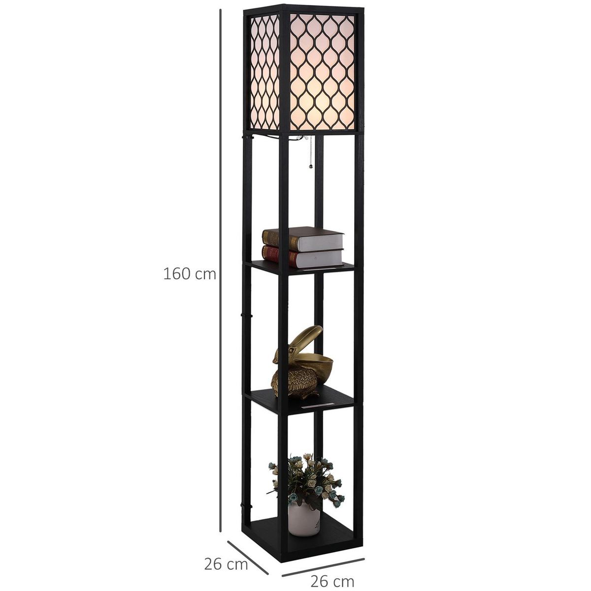 HOMCOM Lampadaire étagère lampe étagère 26L x 26l x 160H cm 3 étagères 4 niveaux MDF noir motif nid d'abeille