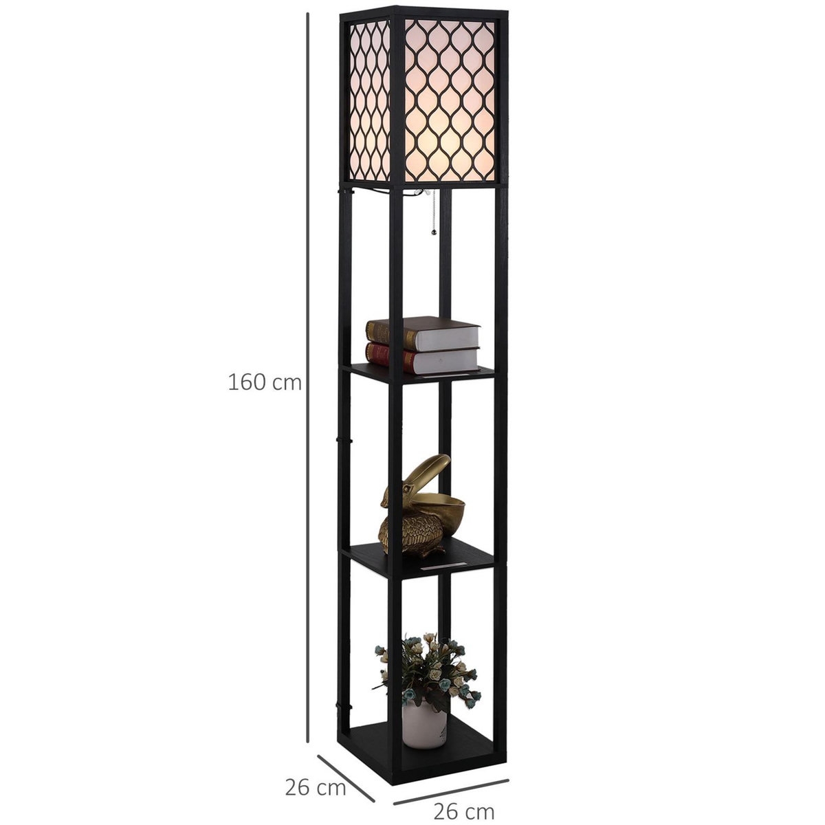 HOMCOM Lampadaire étagère lampe étagère 26L x 26l x 160H cm 3 étagères 4 niveaux MDF noir motif nid d'abeille