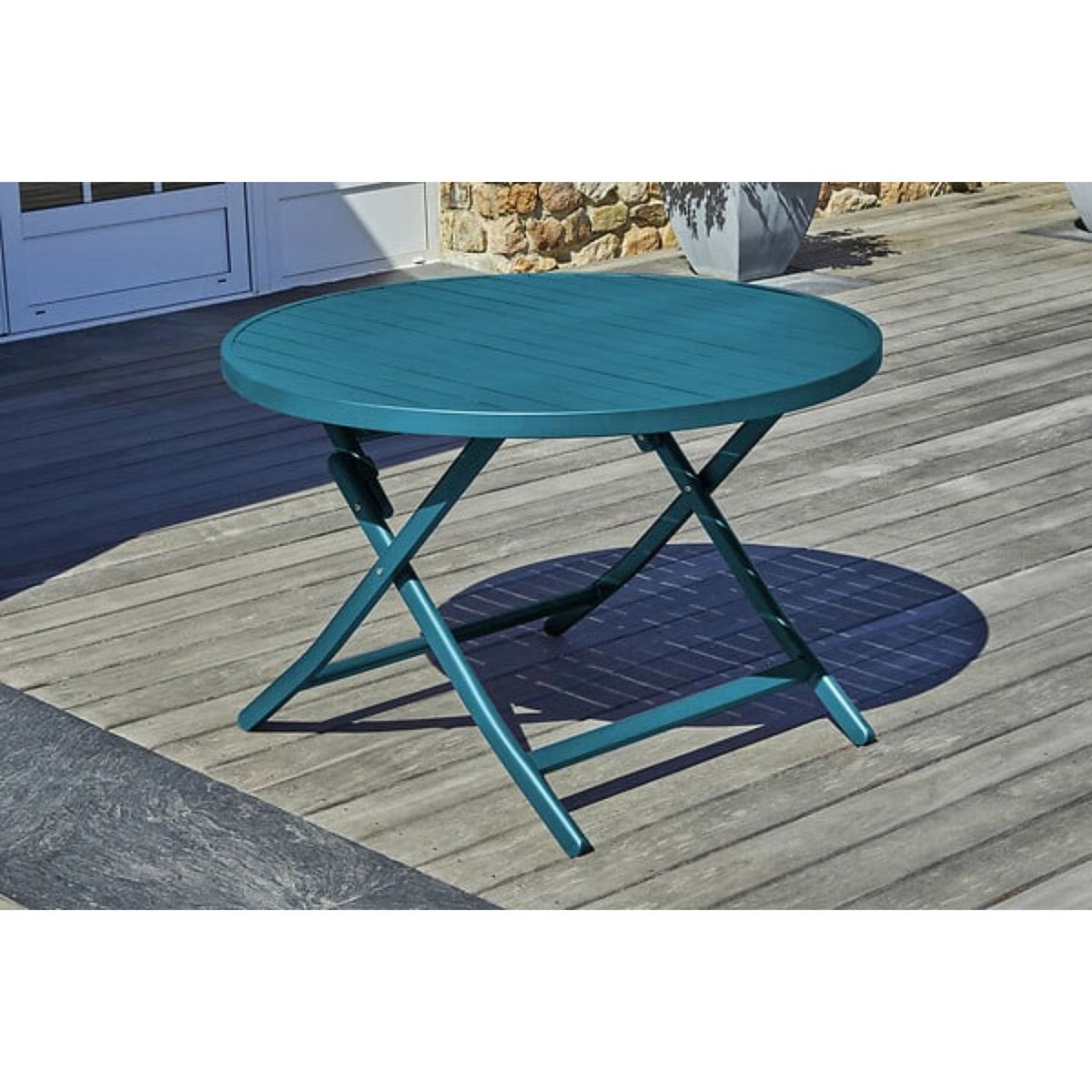 DCB GARDEN Table de jardin ronde pliante - 4/6 places - Aluminium - Bleu canard - MARIUS