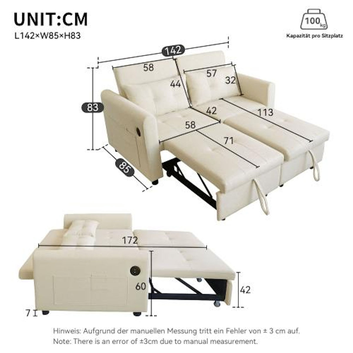 MERAX Canapé droit convertible 2 places coton et lin