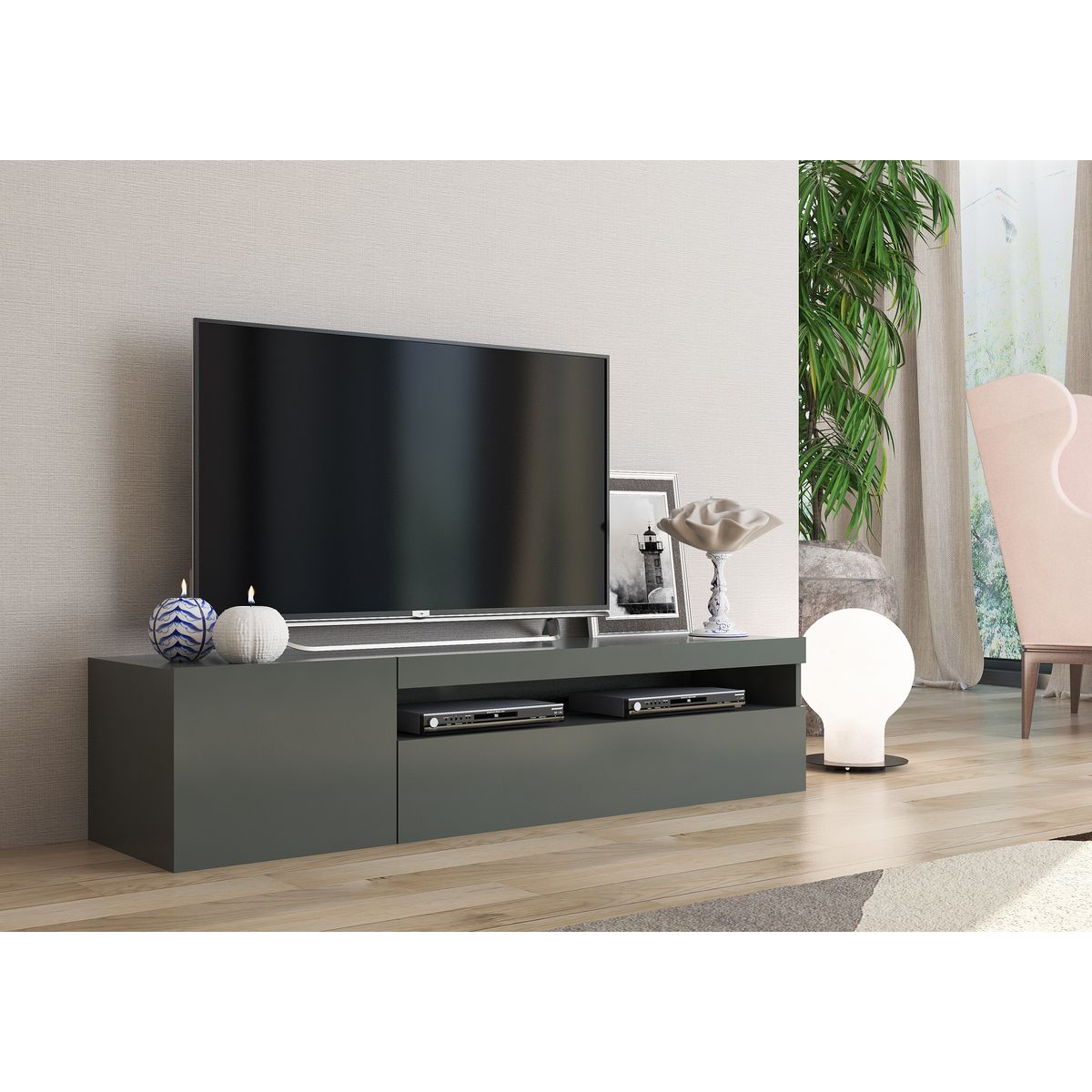 Meuble TV 150cm 2 portes 1 niche TECHNO