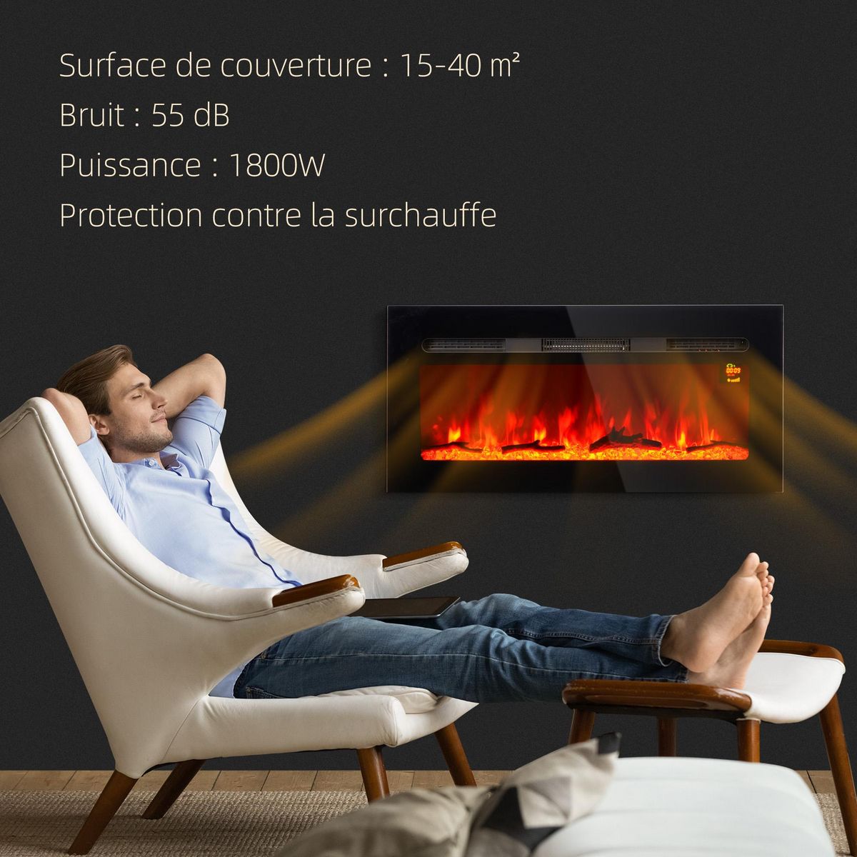 HOMCOM Cheminée électrique 1800W effets flammes LED 3D réglables - timer, thermostat, télécommande - noir