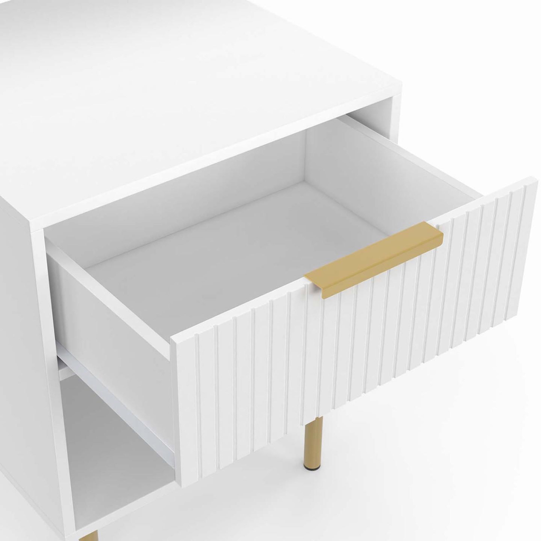 Voir la diapositive 6 : ID MARKET Lot de 2 tables de chevet MARCEL 1 tiroir avec niche effet lattes blanc et doré