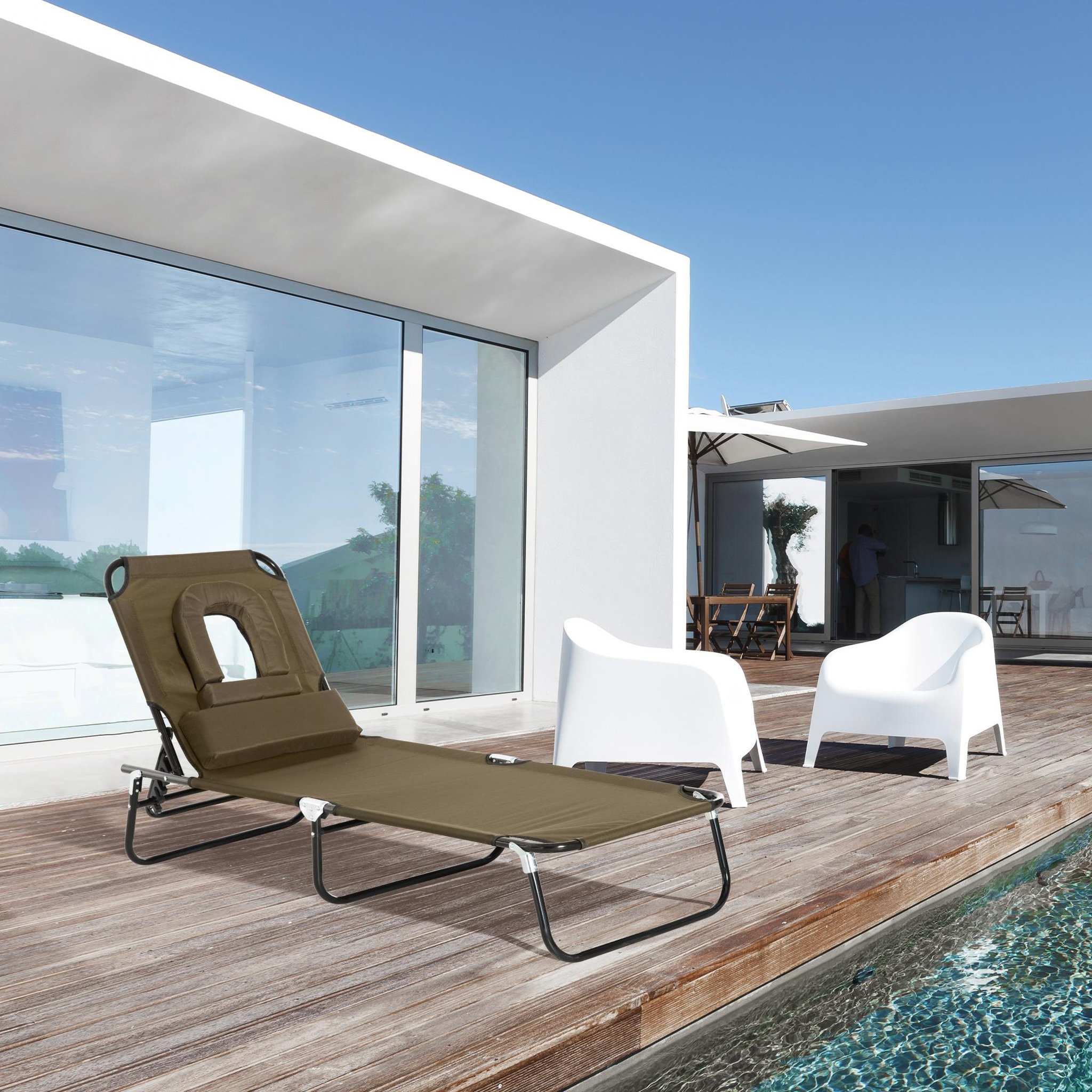 Voir la diapositive 4 : OUTSUNNY Bain de soleil pliable transat inclinable 4 positions chaise longue de lecture 3 coussins fournis marron