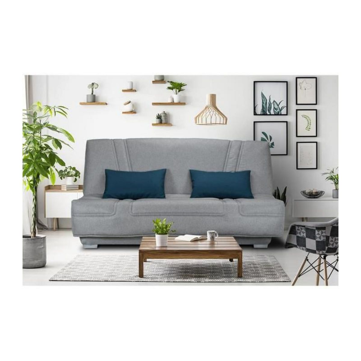 GRUHIER COMFORT BULTEX Banquette clic-clac - 3 places - Tissu gris + Coussins deco bleu - L193 x