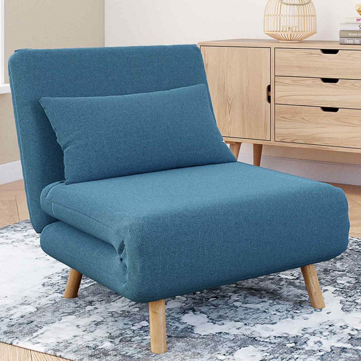 ID MARKET Fauteuil convertible ROMEO lit d'appoint 1 place 80x190 cm tissu bleu canard