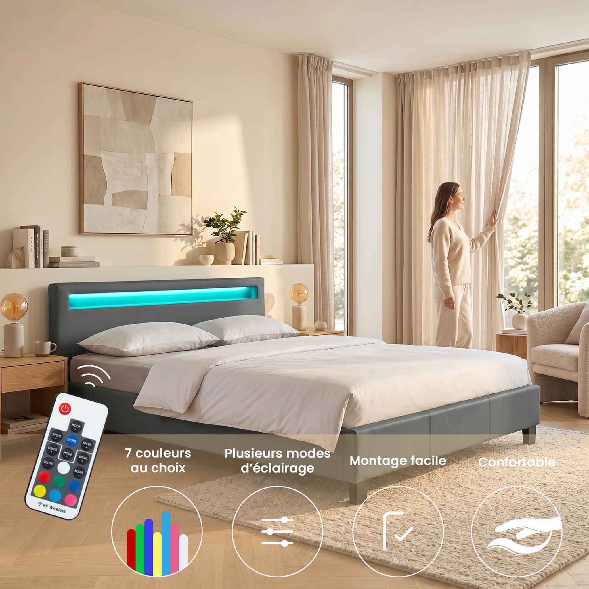 Voir la diapositive 3 : IDIMEX Lit LED double PINOT 140x190 cm, avec sommier, revêtement synthétique