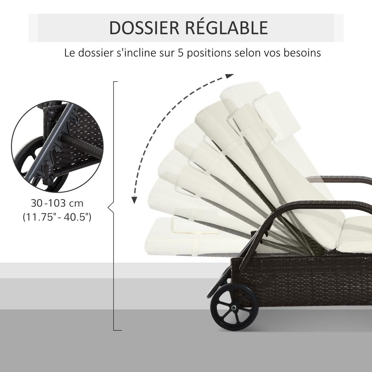 OUTSUNNY Transat bain de soleil grand confort : matelas, têtière, inclinaison réglable multipositions, accoudoirs, roulettes résine tressée brun foncé