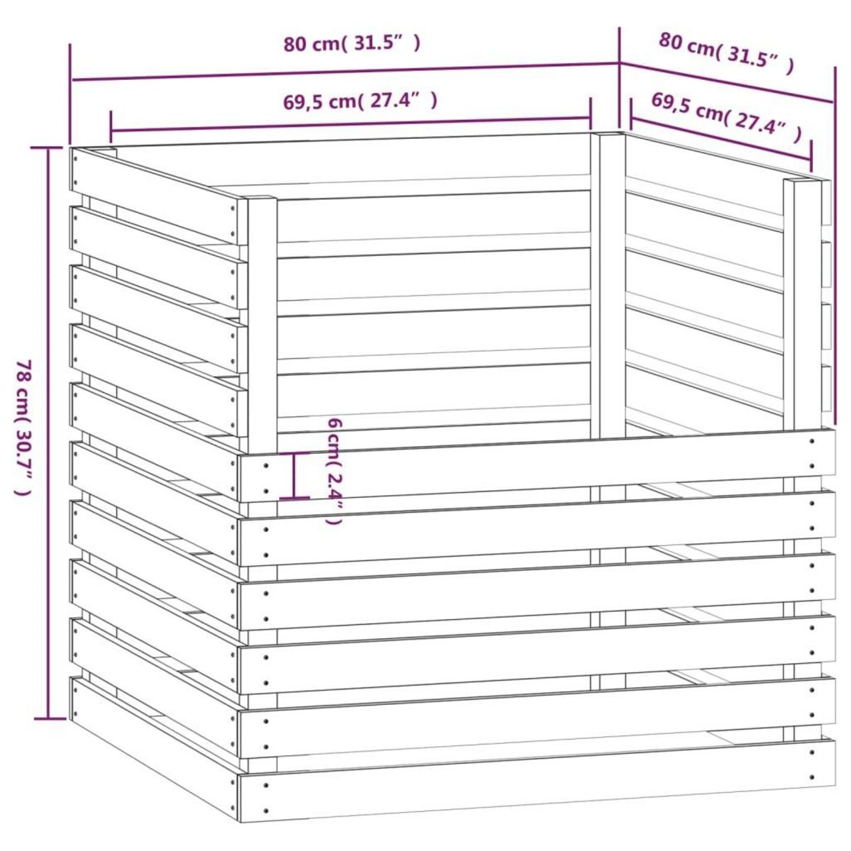 VIDAXL Composteur 80x80x78 cm Bois massif de pin