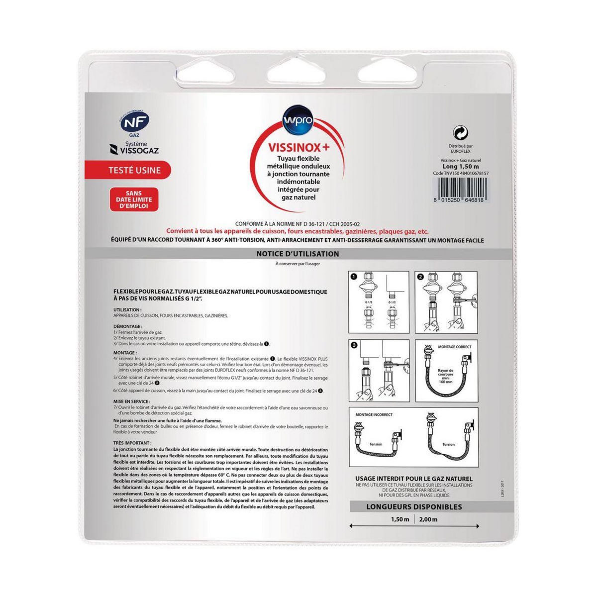 WPRO Tuyaux gaz TNE150 gaz naturel 1.50m illimité