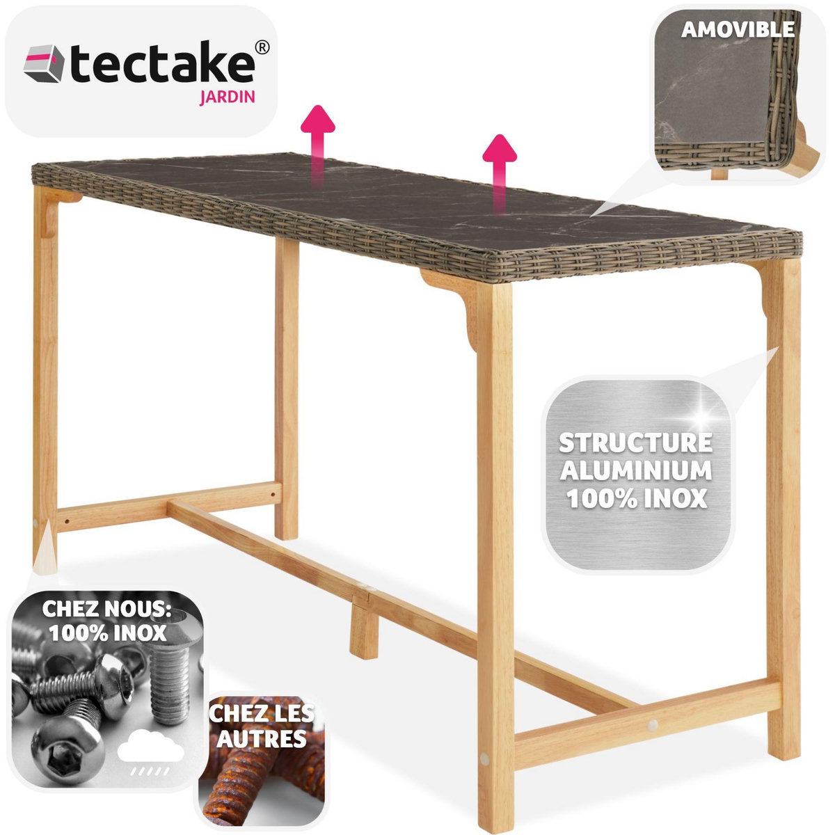 tectake Table de bar en rotin avec cadre en aluminium et bois marron naturel