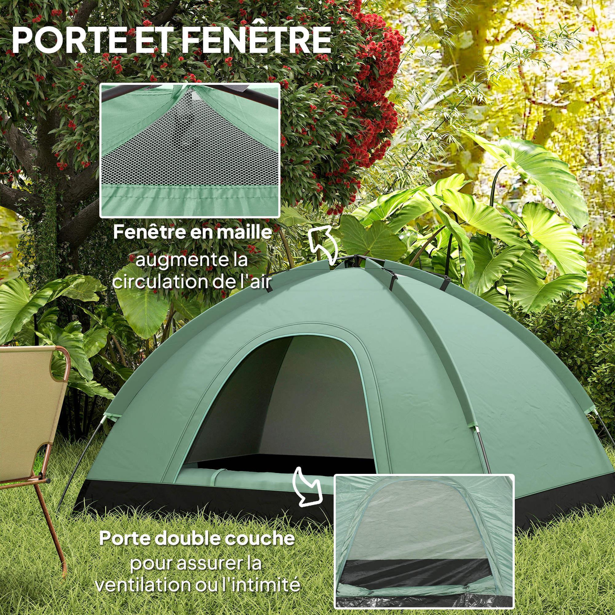 Voir la diapositive 4 : OUTSUNNY Tente de camping 2 personnes dim. 206l x 152l x 110h cm - portes zippée, poche rangement sac de transport inclus - fibre verre polyester oxford vert