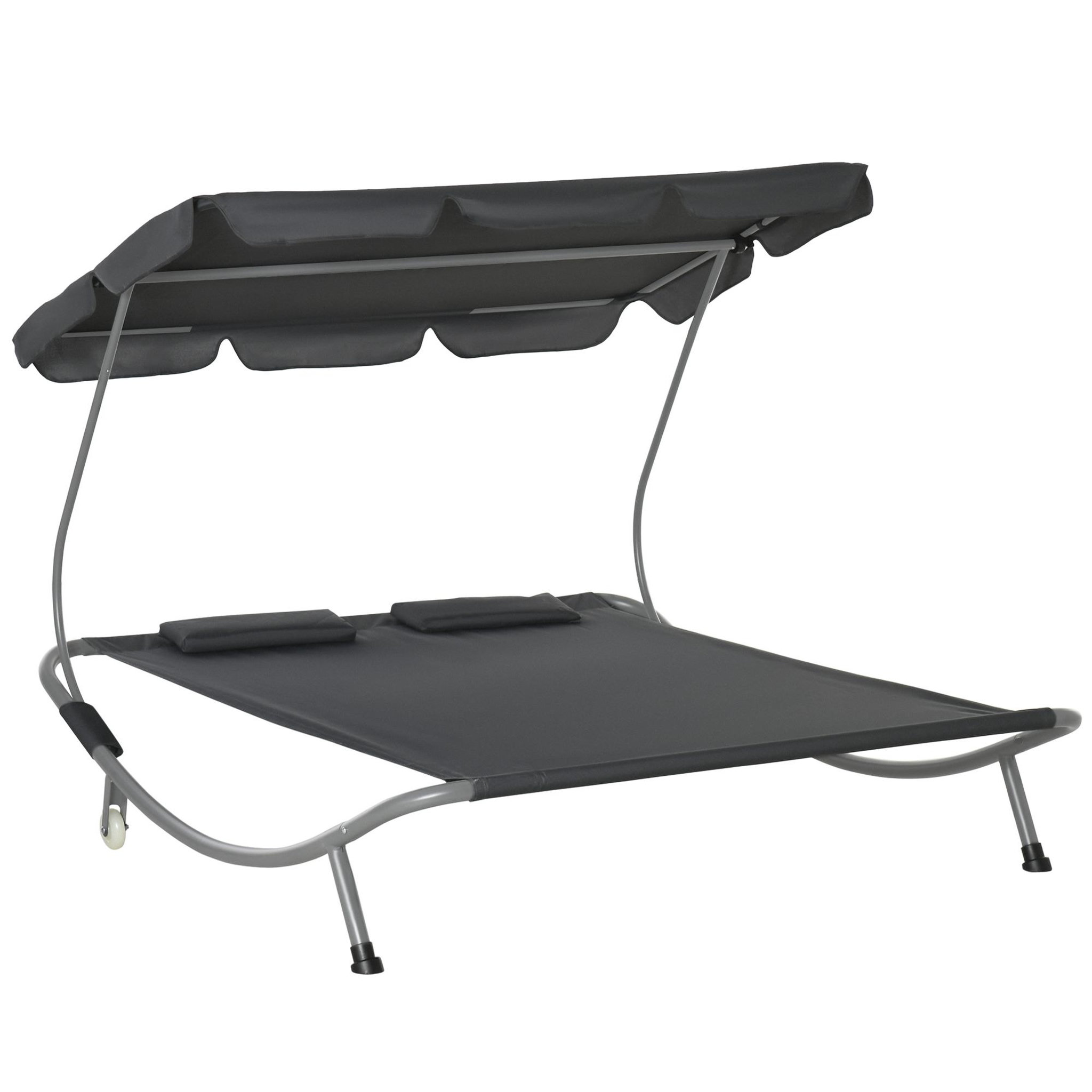 Voir la diapositive 1 : OUTSUNNY Bain de soleil 2 places lit de jardin design contemporain toit réglable 2 roulettes 2 oreillers acier époxy polyester gris