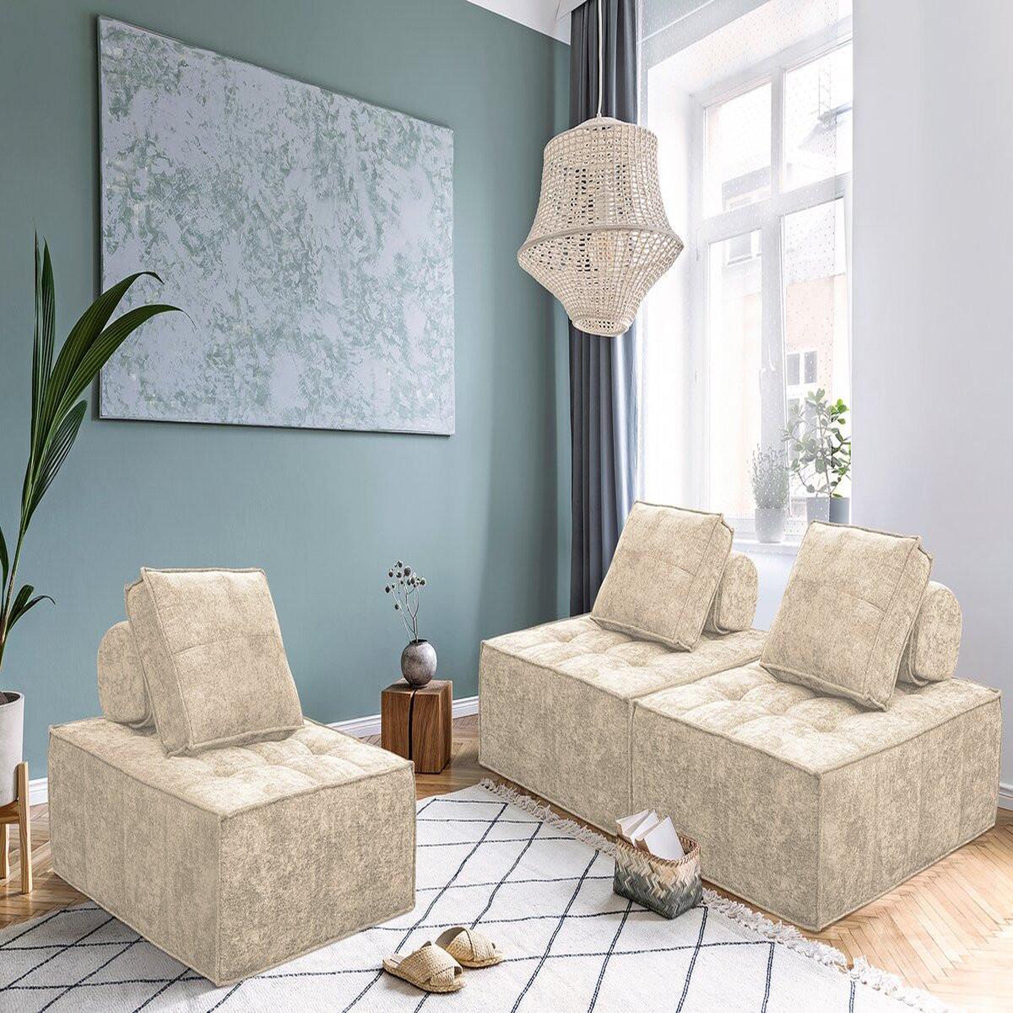 Voir la diapositive 2 : Habitat et Jardin Lot de 3 chauffeuses pour canapé modulables en tissu texturé  velluto  - beige