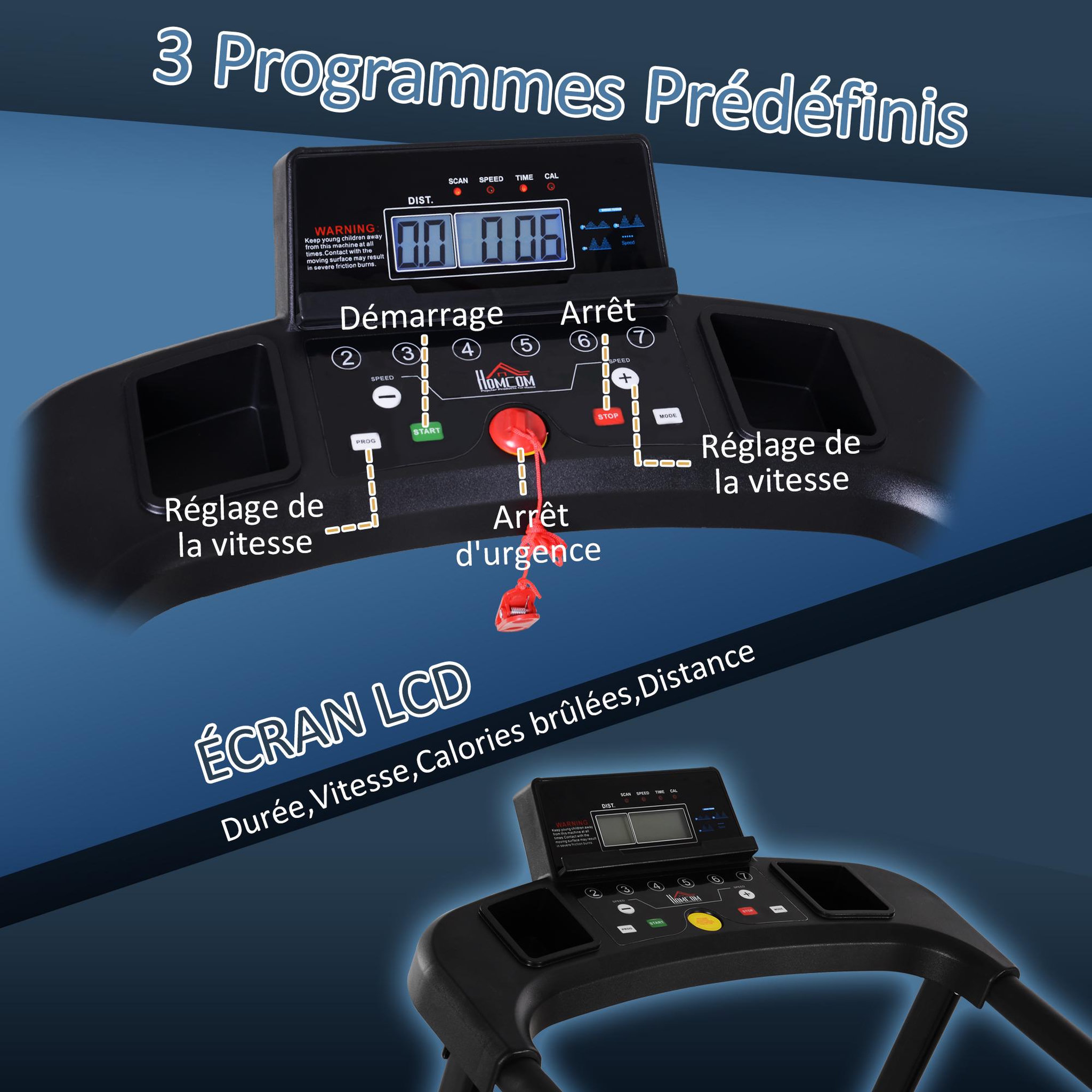 Voir la diapositive 6 : HOMCOM Tapis électrique de course pliable 1-9 Km/h 500 W écran LCD 3 programmes noir