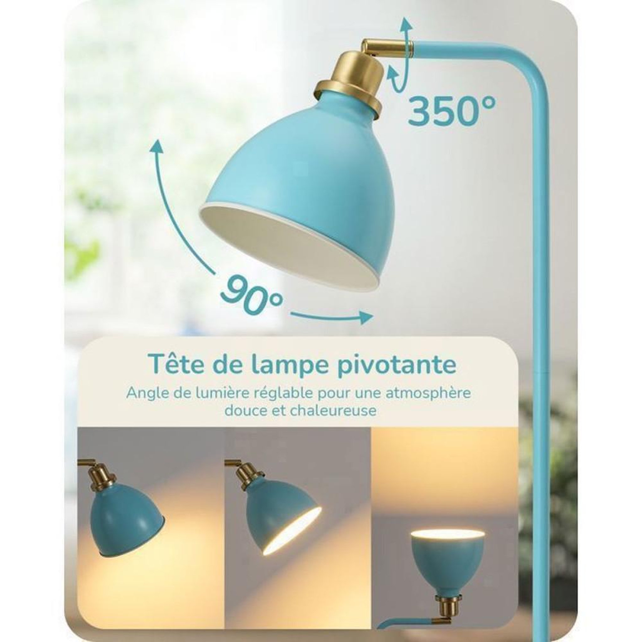 Voir la diapositive 2 : Lampadaire industriel 155 cm bleu clair abat-jour métal tête orientable 350° 2700 K E27 avec ampoule LED