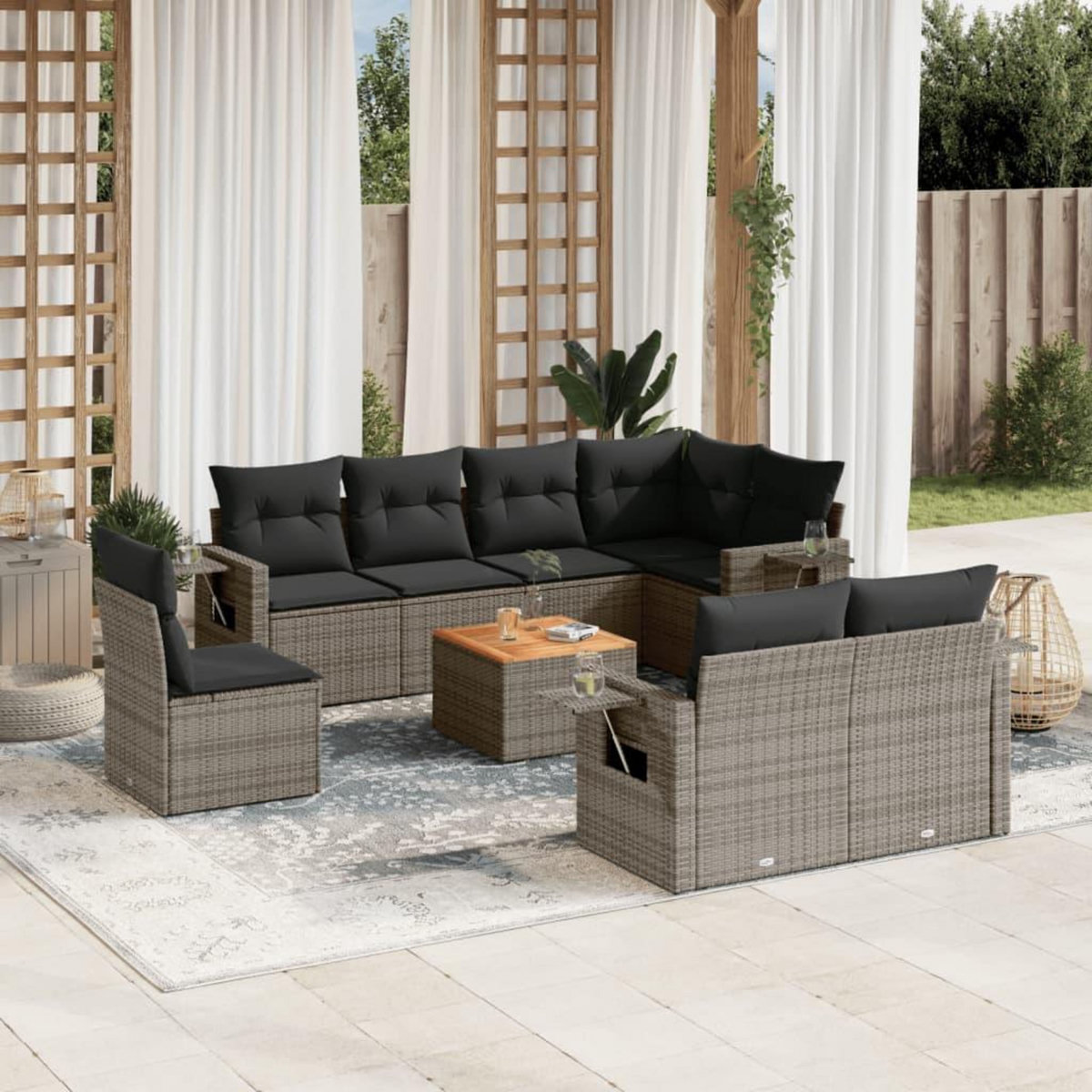 VIDAXL Salon de jardin 9 pcs avec coussins gris resine tressee