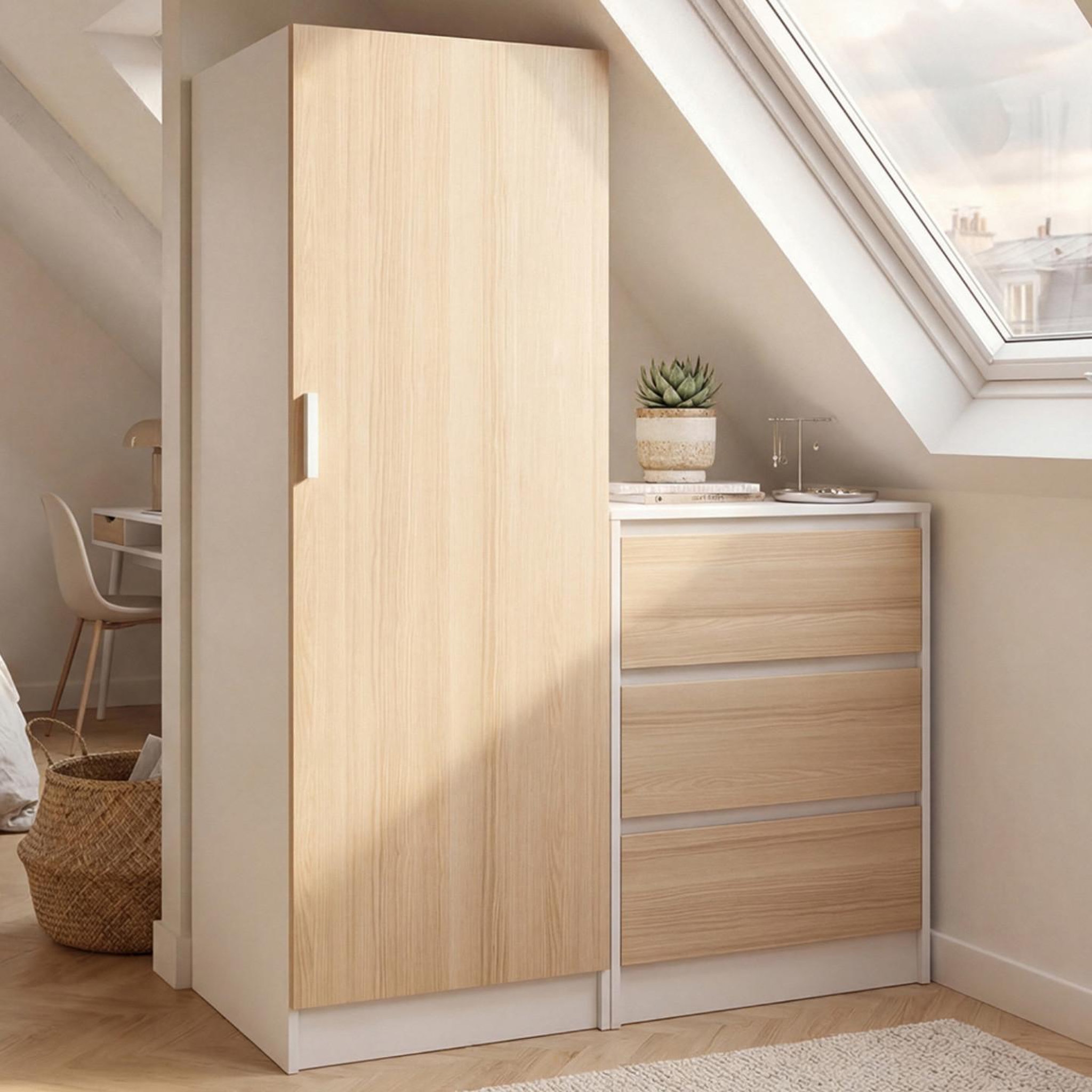 Voir la diapositive 2 : ID MARKET Armoire 1 porte ambre penderie avec commode 3 tiroirs 100 cm modulable façon hêtre et blanc