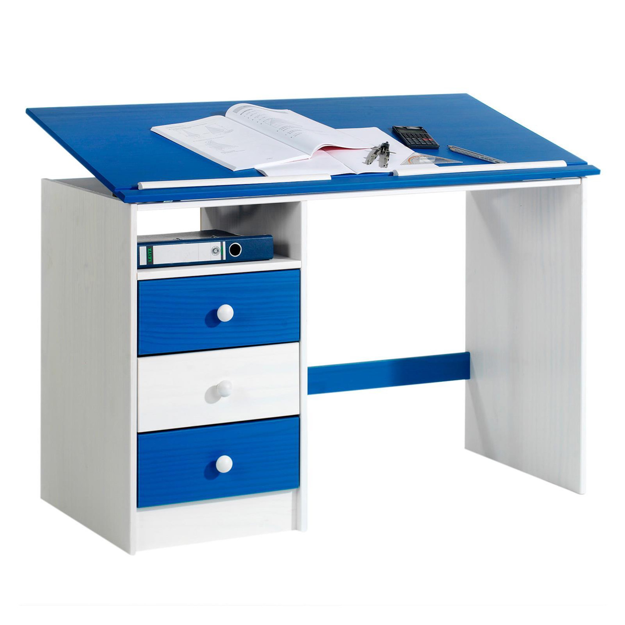 Voir la diapositive 1 : IDIMEX Bureau enfant KEVIN, en pin massif, 3 tiroirs et plateau inclinable