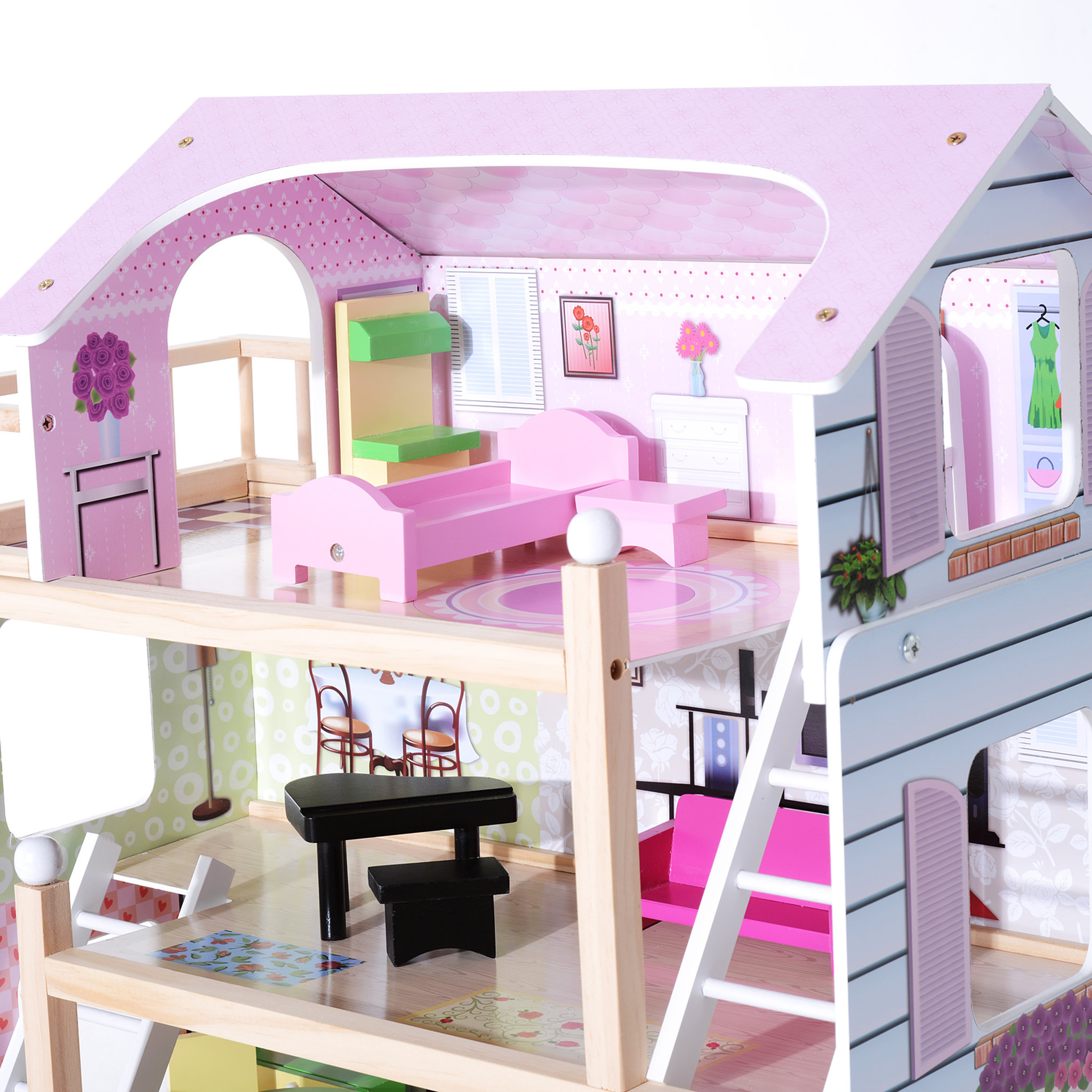 Voir la diapositive 5 : HOMCOM Maison de poupée en bois jeu d'imitation grand réalisme multi-équipement 60L x 30l x 80H cm blanc et rose