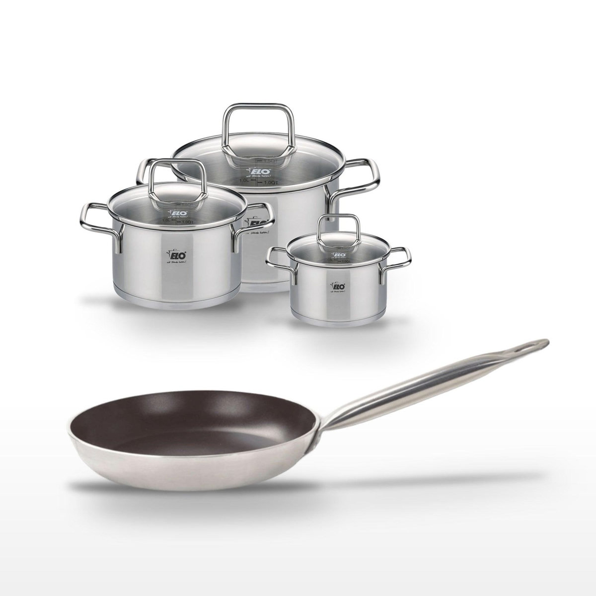 ELO Lot Poêle 24 cm avec revêtement céramique sans PFAS & 3 Faitouts 12/16/20 cm Elo Bistro Line Citrin