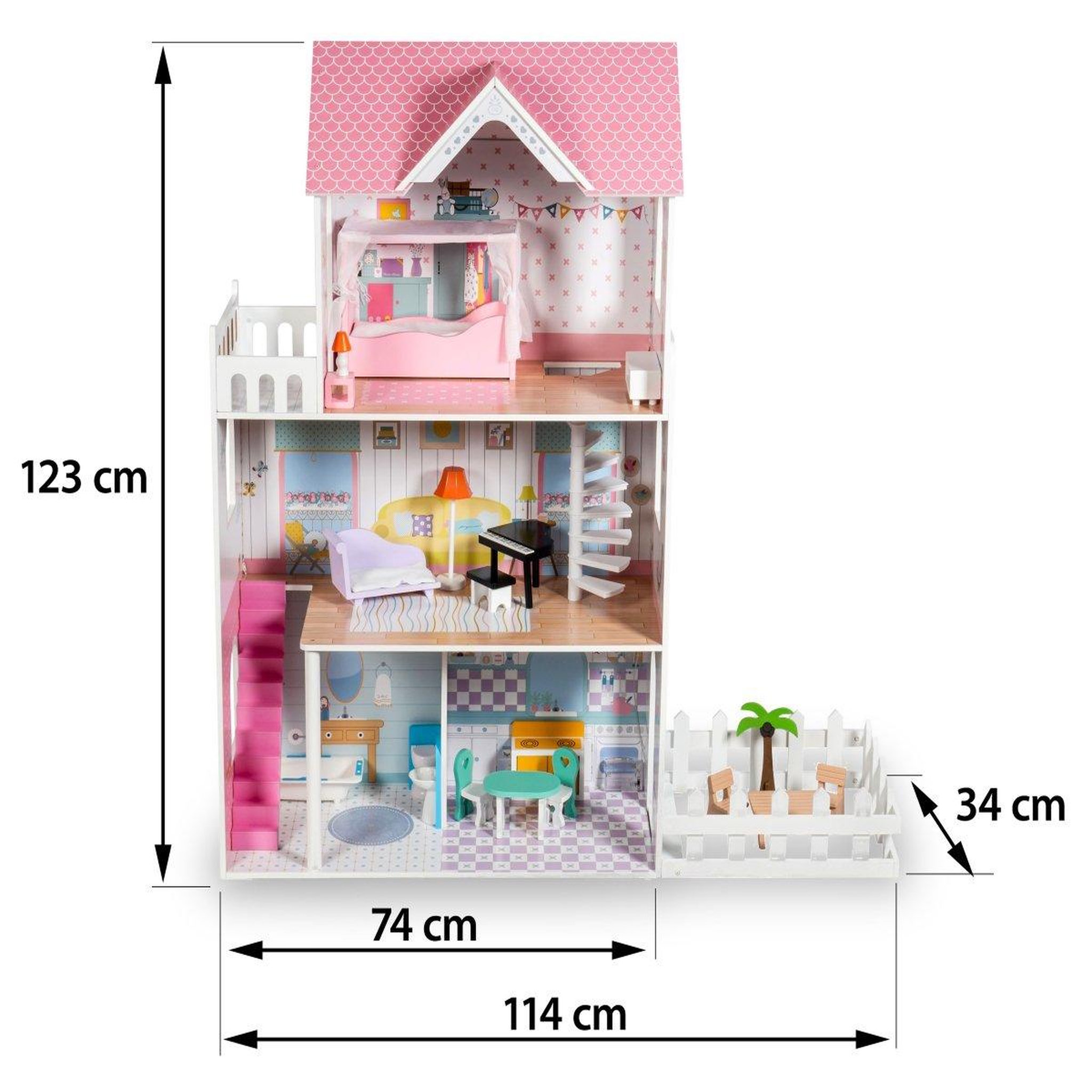 Voir la diapositive 4 : MAMABRUM Grande Maison de Poupées en Bois pour Enfants, Éclairage LED, 3 Étages, Terrasse, Jardin