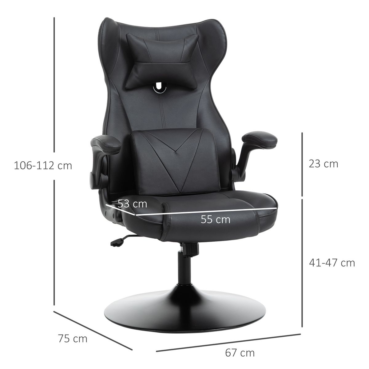 VINSETTO Vinsetto Fauteuil gaming fauteuil de bureau gaming base ronde métal pivotante 360° hauteur réglable coussins intégrés revêtement synthétique noir
