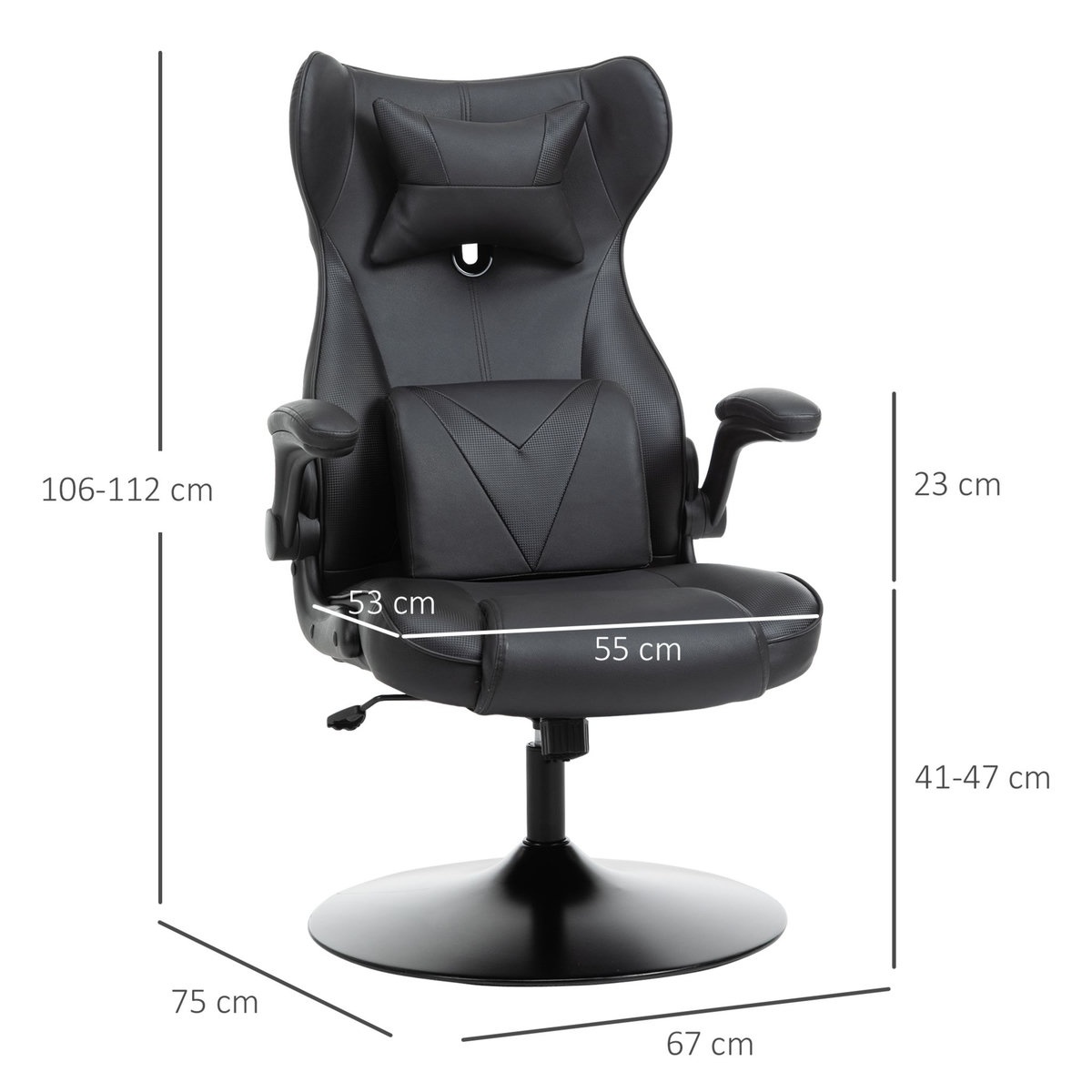 VINSETTO Vinsetto Fauteuil gaming fauteuil de bureau gaming base ronde métal pivotante 360° hauteur réglable coussins intégrés revêtement synthétique noir