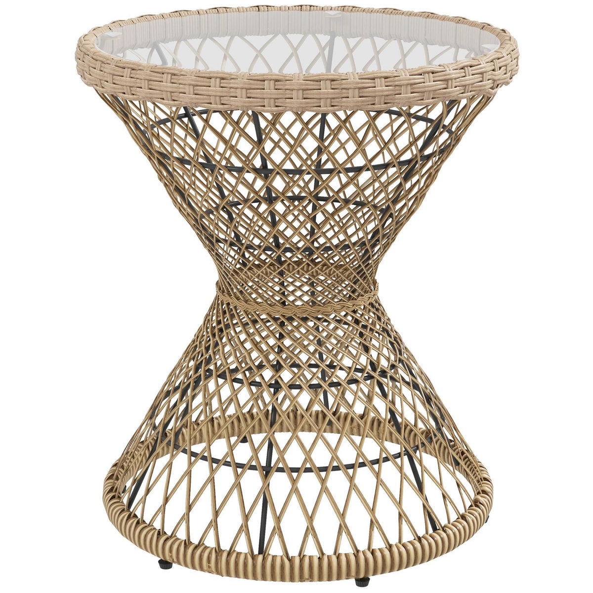 OUTSUNNY Table basse ronde de jardin en résine aspect rotin métal et plateau verre trempé Ø 45 x 52H cm beige