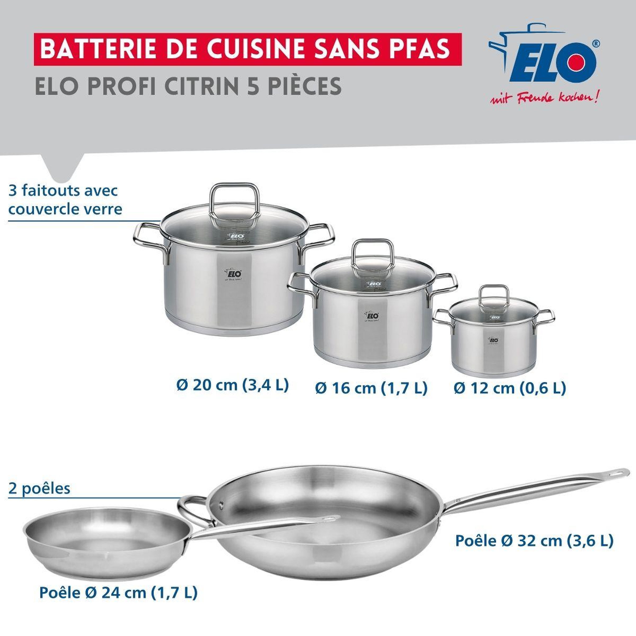Voir la diapositive 2 : ELO Ensemble de 2 poêles de cuisson 24 et 32 cm et 3 faitouts 12, 16 et 20 cm elo profi citrin
