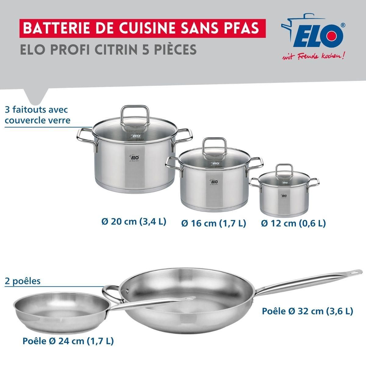ELO Ensemble de 2 Poêles de cuisson 24 et 32 cm et 3 faitouts 12, 16 et 20 cm Elo Profi Citrin