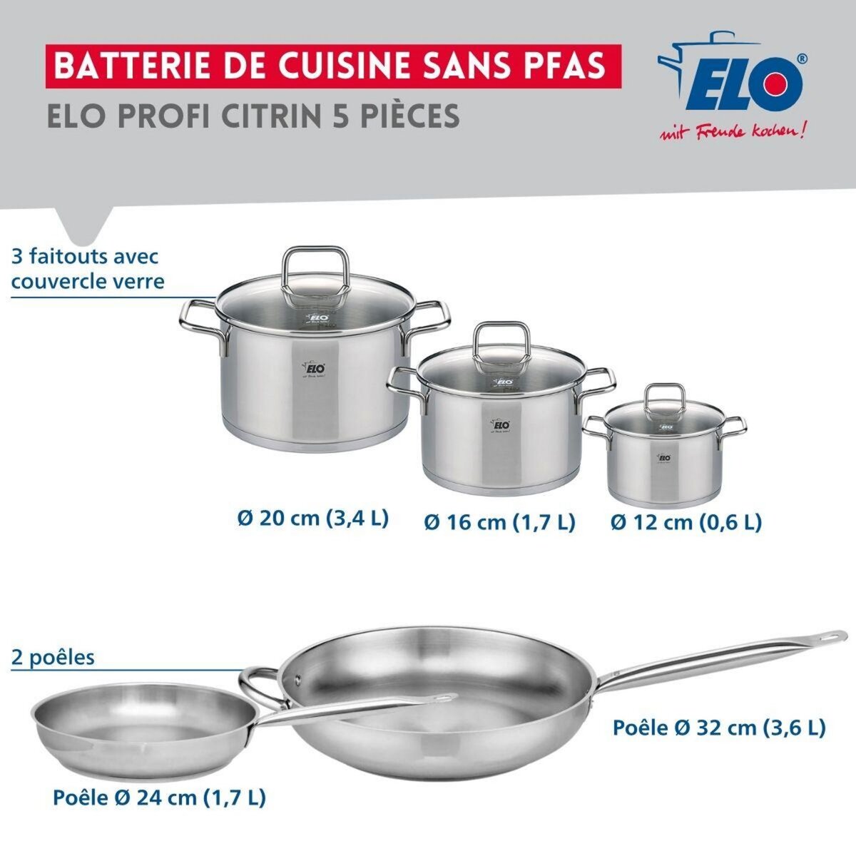 ELO Ensemble de 2 Poêles de cuisson 24 et 32 cm et 3 faitouts 12, 16 et 20 cm Elo Profi Citrin