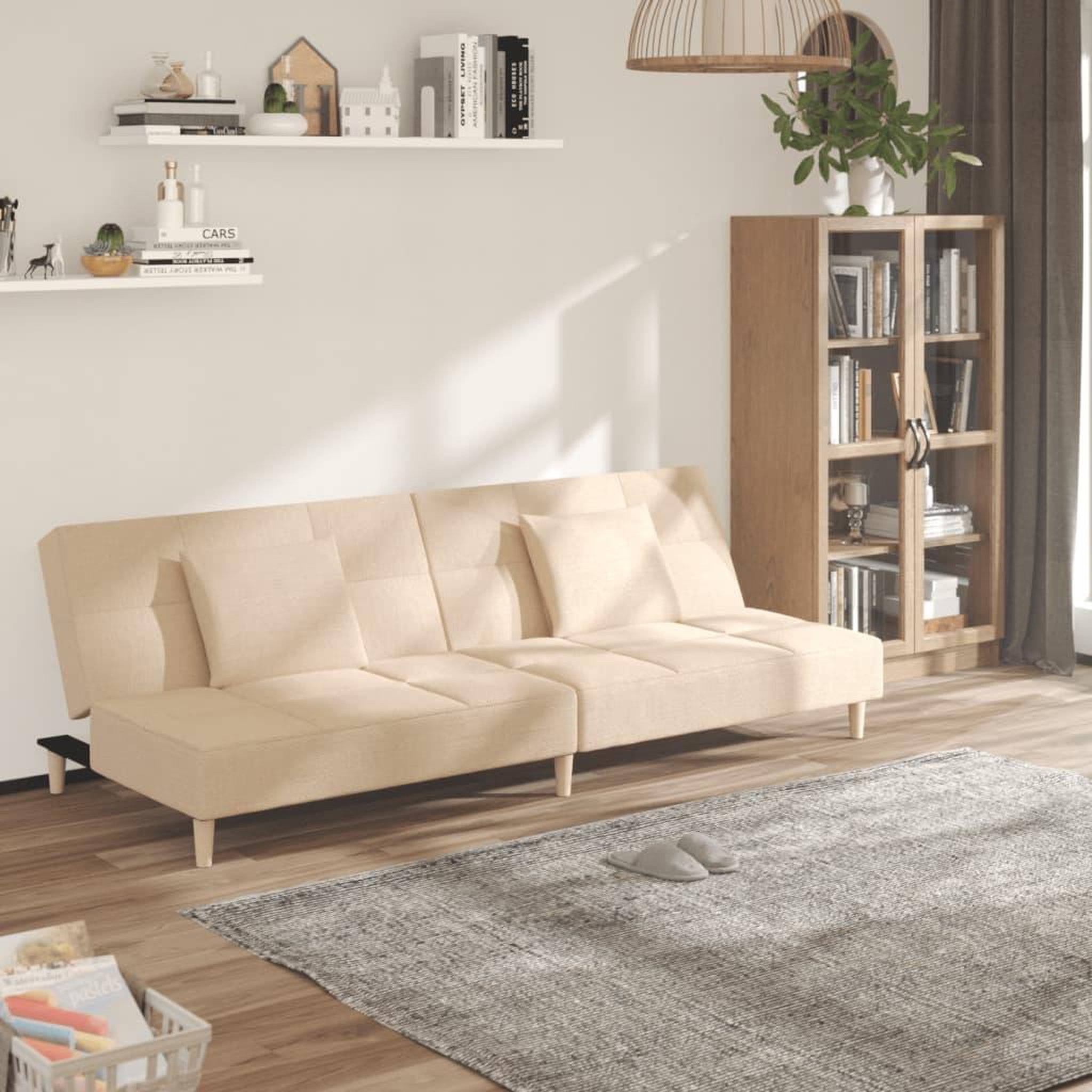 VIDAXL Canape-lit a 2 places avec deux oreillers creme tissu