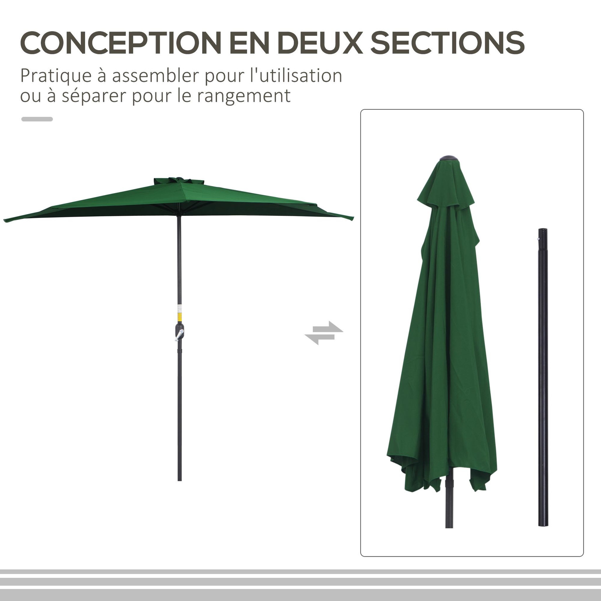 Voir la diapositive 6 : OUTSUNNY Demi parasol - parasol de balcon 5 entretoises métal - 2,93 x 1,5 x 2,49 m - polyester haute densité vert