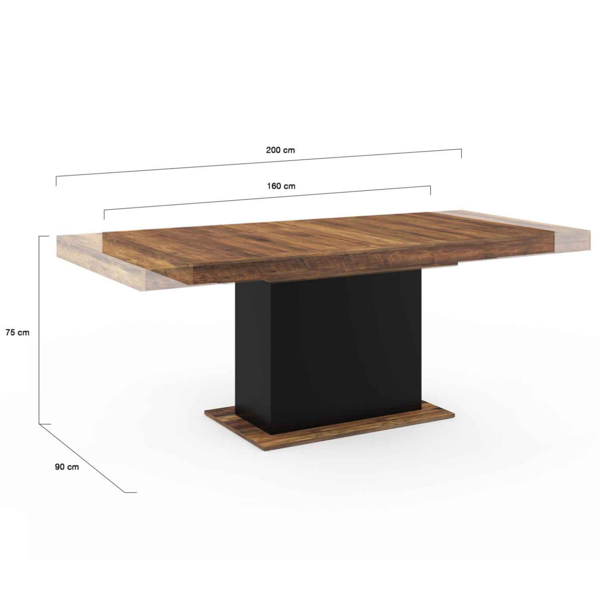 ID MARKET Table à manger extensible rectangle EDEN 6-10 personnes plateau HAWKINS bois foncé et noir 160-200cm