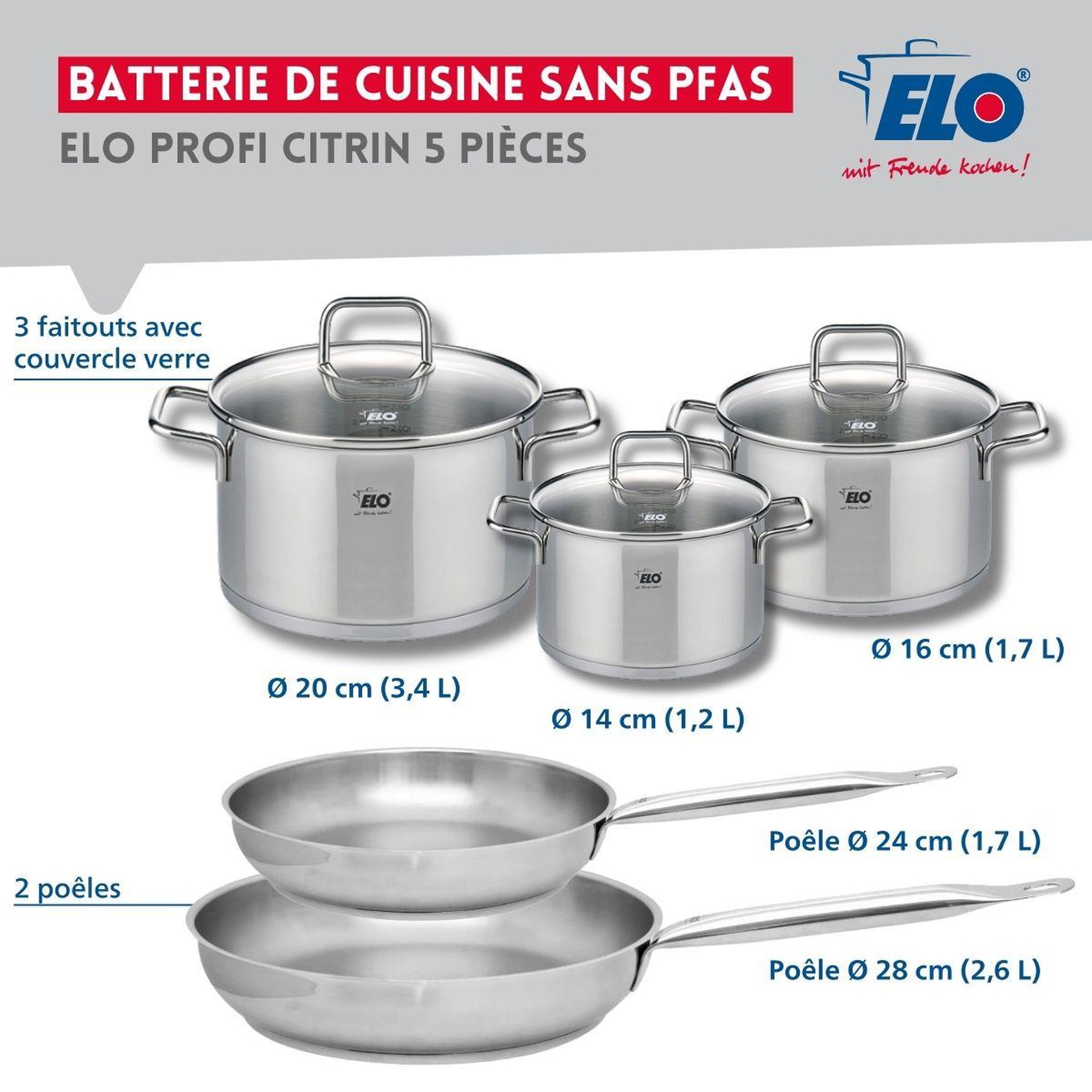 Voir la diapositive 2 : ELO Ensemble de 2 poêles de cuisson 24 et 28 cm et 3 faitouts 14, 16 et 20 cm elo profi citrin