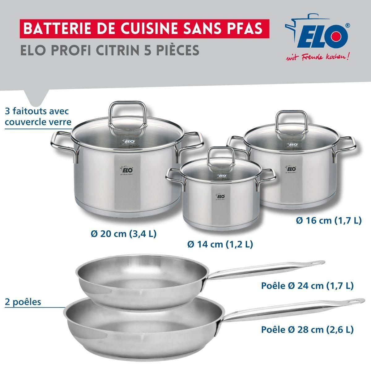 ELO Ensemble de 2 Poêles de cuisson 24 et 28 cm et 3 faitouts 14, 16 et 20 cm Elo Profi Citrin