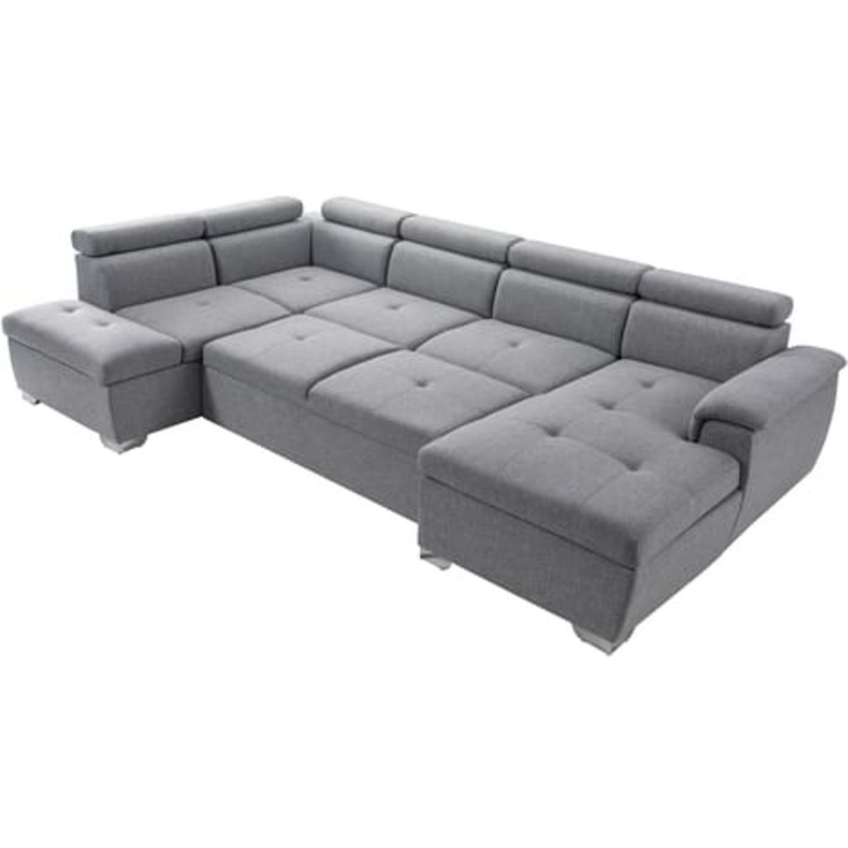 Canapé d'angle gauche convertible, PARMA, 5 à 6 places, rangement étagère, coffre de stockage, tissu gris clair