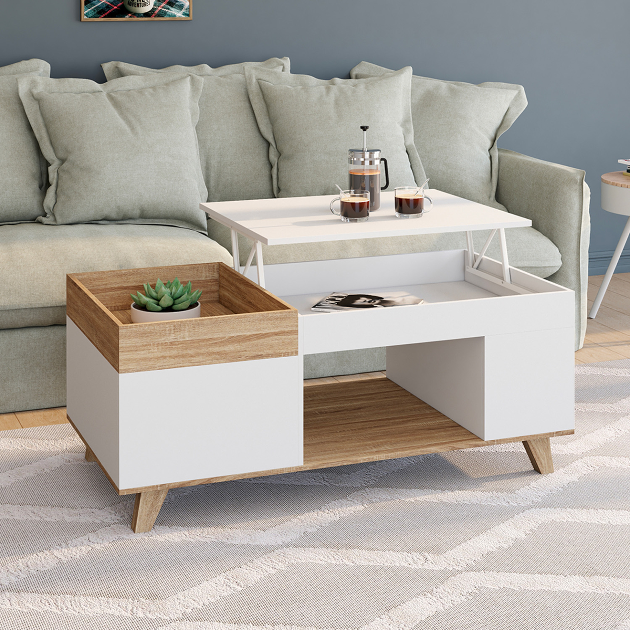 Voir la diapositive 2 : ID MARKET Table basse rectangulaire plateau relevable et plateau amovible avec coffre lola bois et blanc