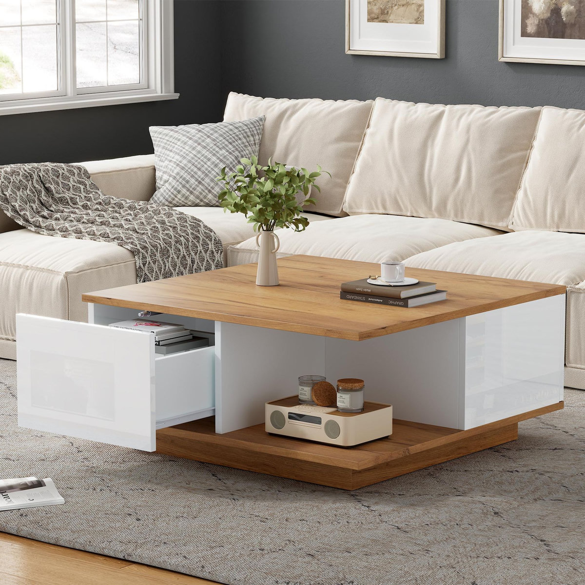 MERAX Table basse carrée blanc+naturel avec 3 tiroirs - 70x70 cm panneau de particules