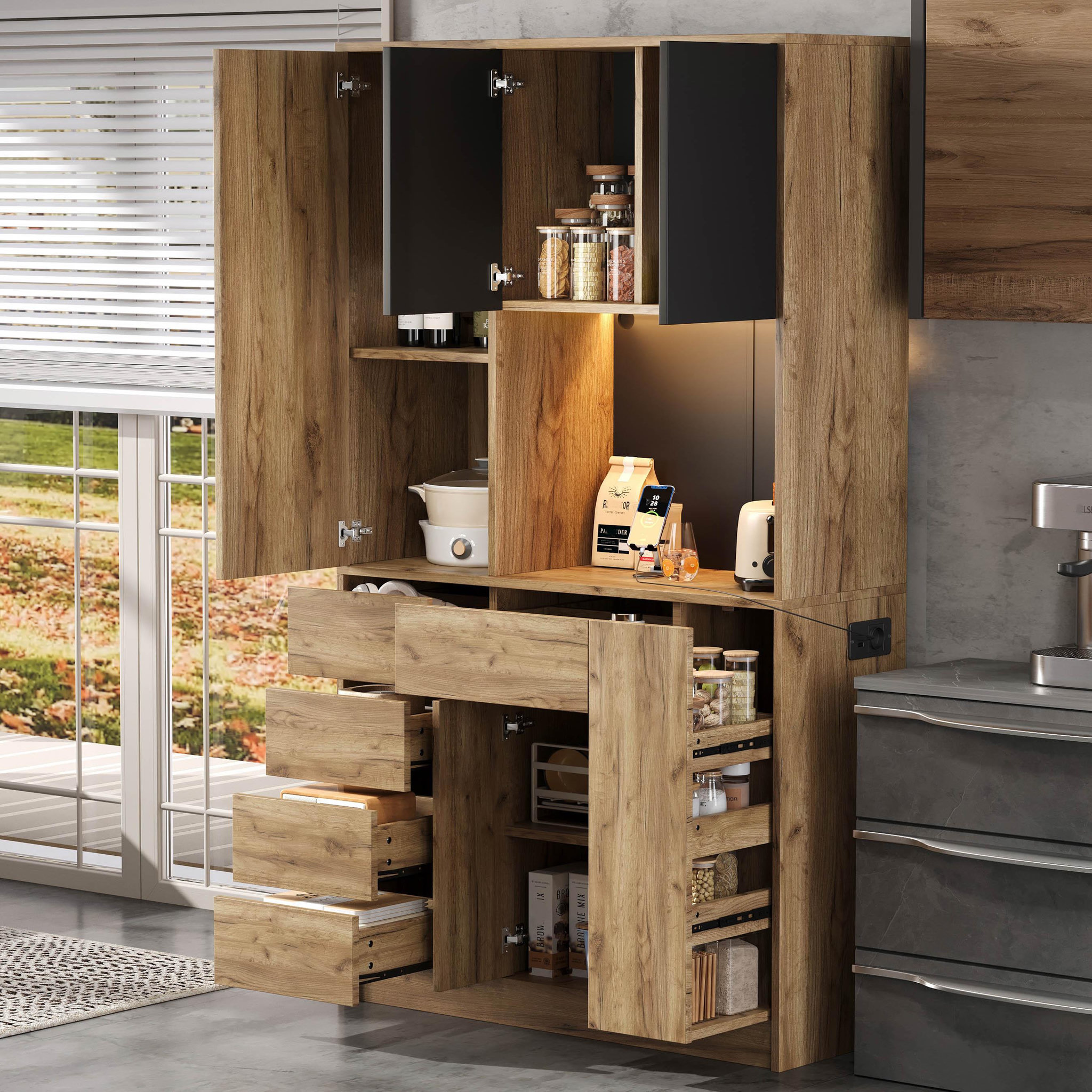 Voir la diapositive 5 : MERAX Buffet de cuisine 5 portes 6 tiroirs - 105 cm naturel led mdf