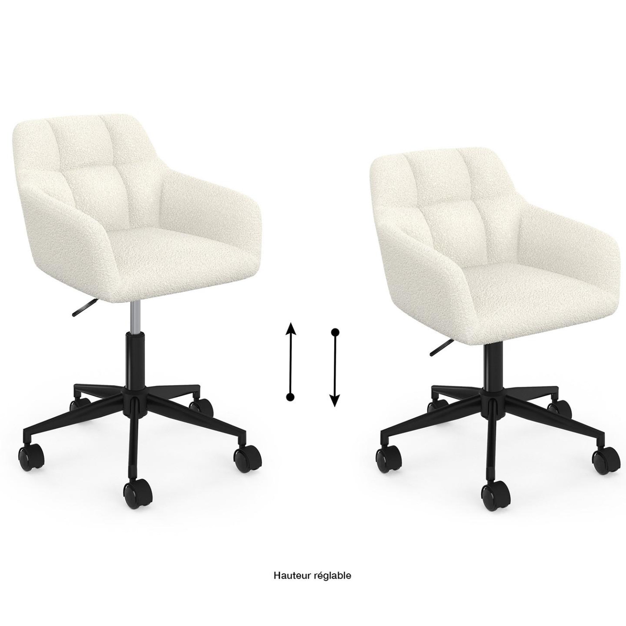 Voir la diapositive 6 : ID MARKET Chaise de bureau edgard en tissu bouclette blanche pivotante et hauteur réglable à roulettes