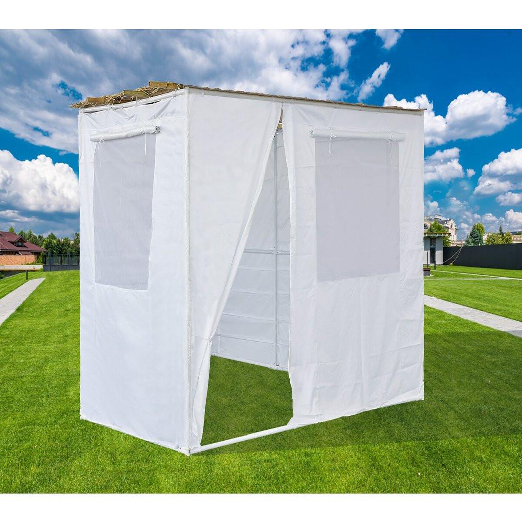 Voir la diapositive 2 : Habitat et Jardin Souccah en kit nina ajustable - 3 x 2 - 1 rouleau de bambou et 3 tasseau de bois