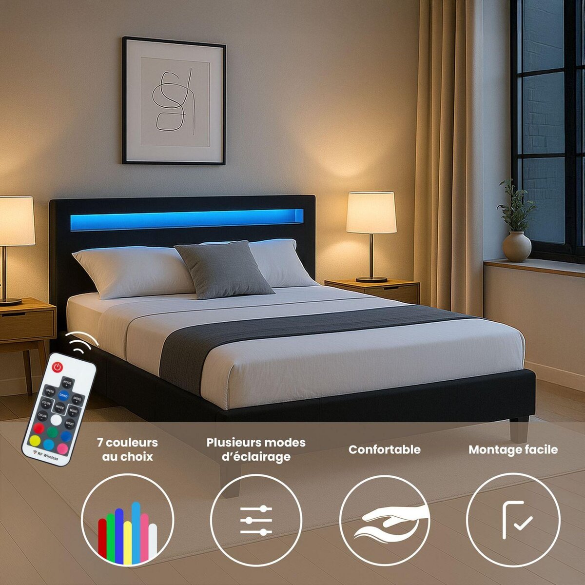 IDIMEX Lit LED double RIOJA 140x190 cm, avec sommier, revêtement tissu