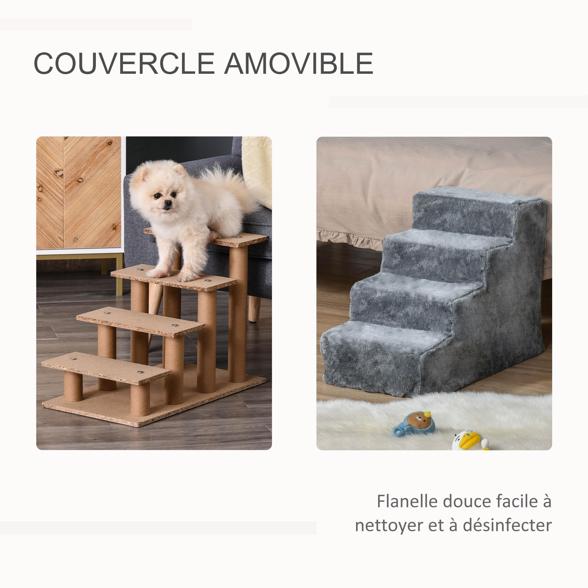 Voir la diapositive 5 : PAWHUT Escalier pour chat - escalier pour chien - 4 marches - revêtement flanelle grande douceur haute densité - structure panneaux particules - gris